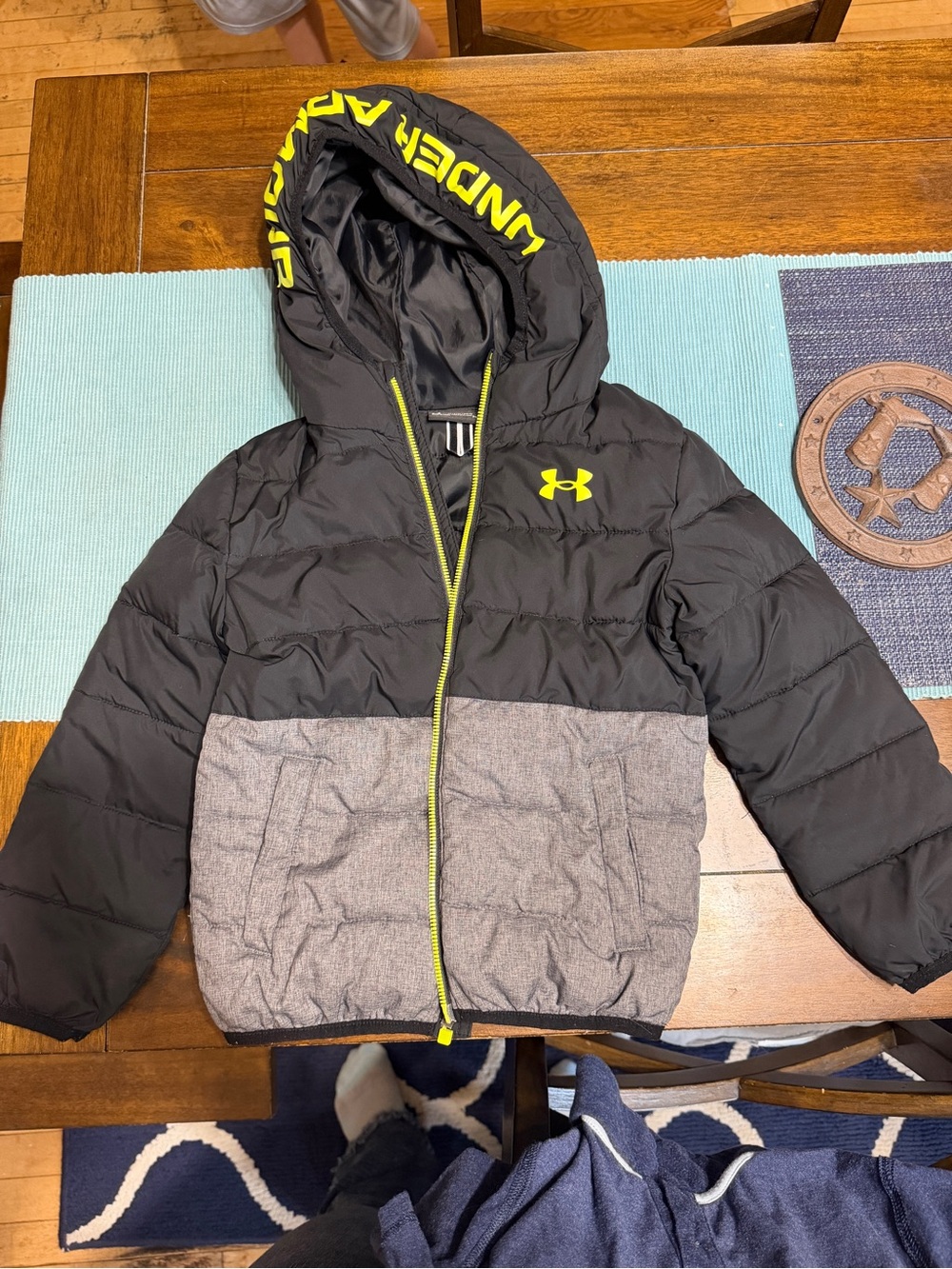Under Armour Black & Gray Hooded Puffer Jacket with Yellow Accents